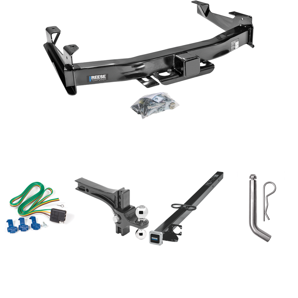 Fits 2001-2002 Chevrolet Silverado 3500 Trailer Hitch Tow PKG w/ 4-Flat Wiring Harness + 2-1/2" to 2" Adapter 41" Length + Adjustable Drop Rise Dual Ball Ball Mount 2" & 2-5/16" Trailer Balls + Pin/Clip By Reese Towpower