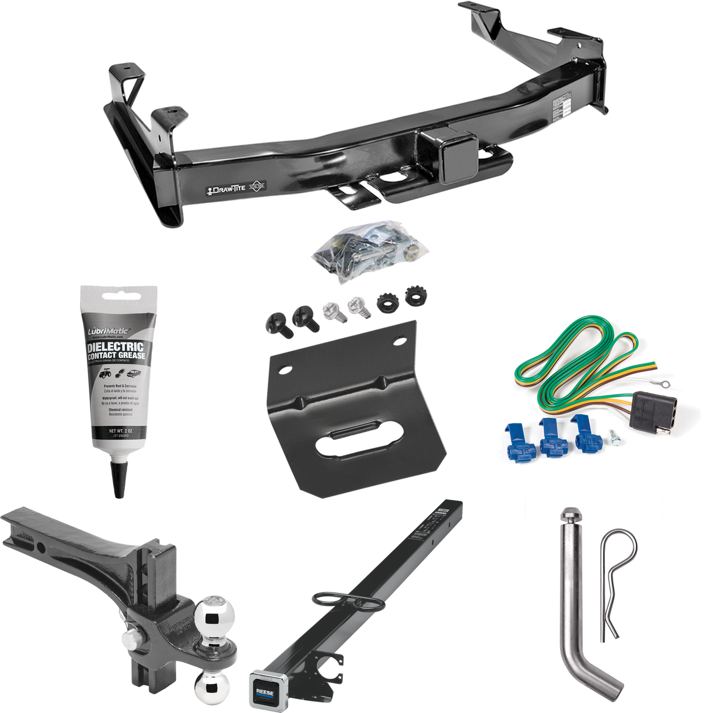 Fits 2003-2007 GMC Sierra 3500 Trailer Hitch Tow PKG w/ 4-Flat Wiring Harness + 2-1/2" to 2" Adapter 41" Length + Adjustable Drop Rise Dual Ball Ball Mount 2" & 2-5/16" Trailer Balls + Pin/Clip + Wiring Bracket + Electric Grease (For (Classic) Models