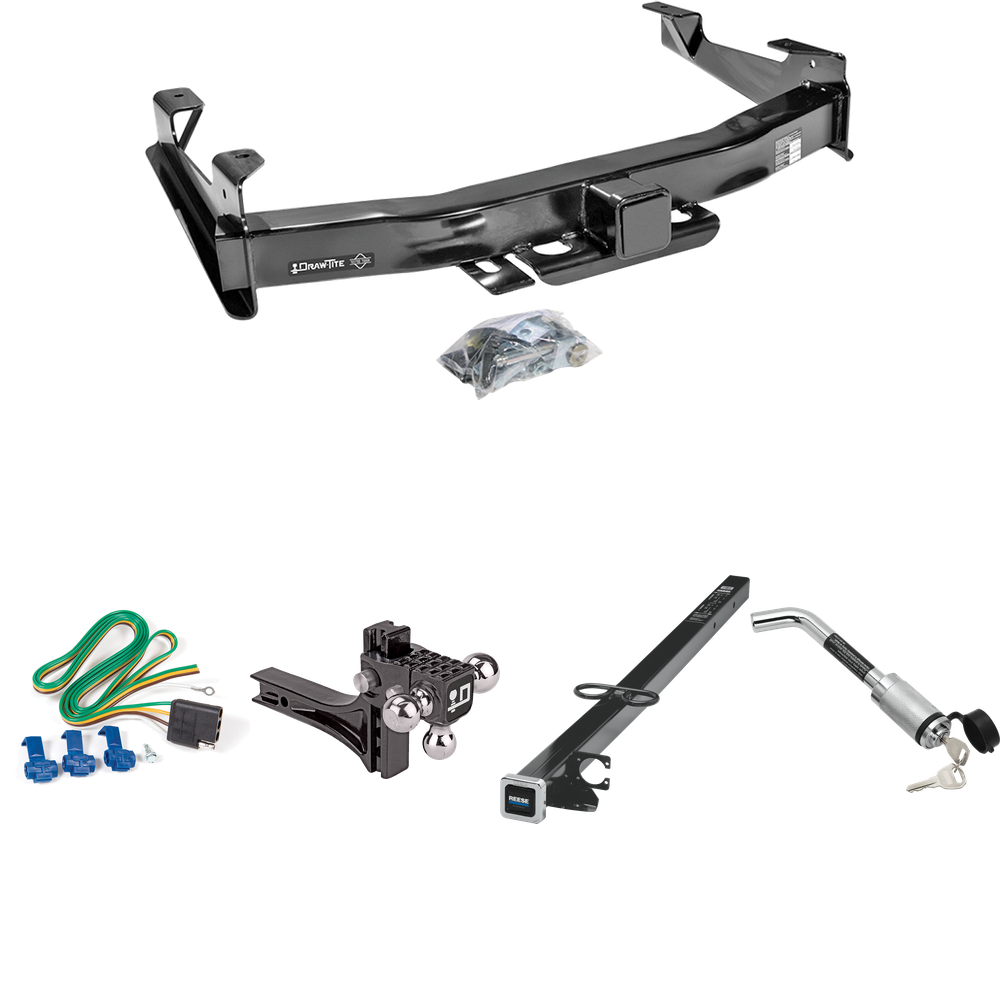 Fits 2003-2007 GMC Sierra 3500 Trailer Hitch Tow PKG w/ 4-Flat Wiring Harness + 2-1/2" to 2" Adapter 41" Length + Adjustable Drop Rise Triple Ball Ball Mount 1-7/8" & 2" & 2-5/16" Trailer Balls + Hitch Lock (For (Classic) Models) By Draw-Tite