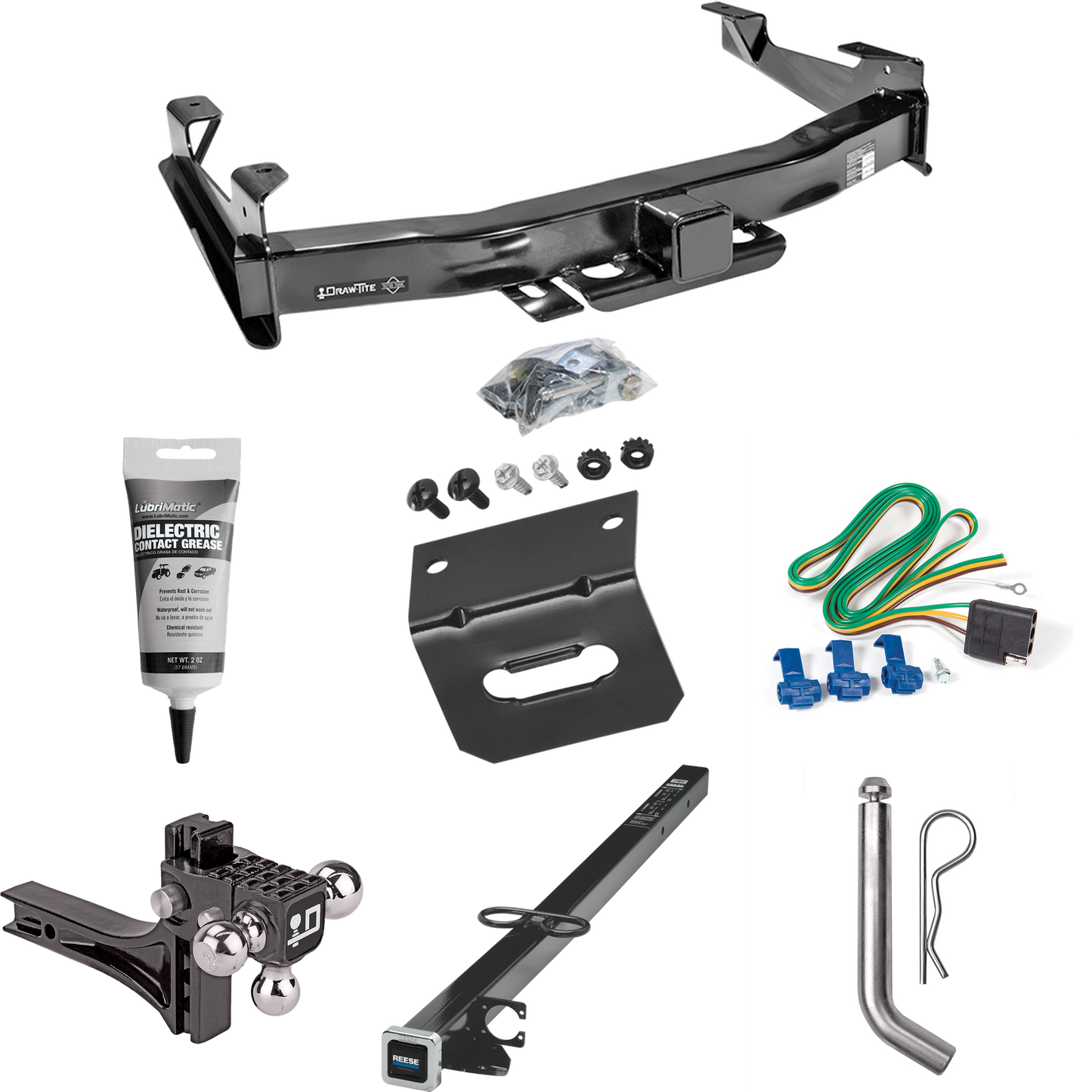 Fits 2001-2002 GMC Sierra 2500 HD Trailer Hitch Tow PKG w/ 4-Flat Wiring Harness + 2-1/2" to 2" Adapter 41" Length + Adjustable Drop Rise Triple Ball Ball Mount 1-7/8" & 2" & 2-5/16" Trailer Balls + Pin/Clip + Wiring Bracket + Electric Grease By Draw