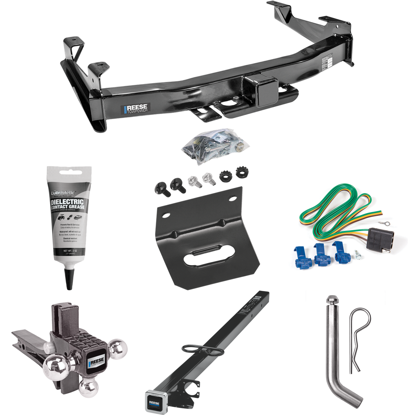 Fits 2003-2006 Chevrolet Silverado 3500 Trailer Hitch Tow PKG w/ 4-Flat Wiring Harness + 2-1/2" to 2" Adapter 41" Length + Adjustable Drop Rise Triple Ball Ball Mount 1-7/8" & 2" & 2-5/16" Trailer Balls + Pin/Clip + Wiring Bracket + Electric Grease (