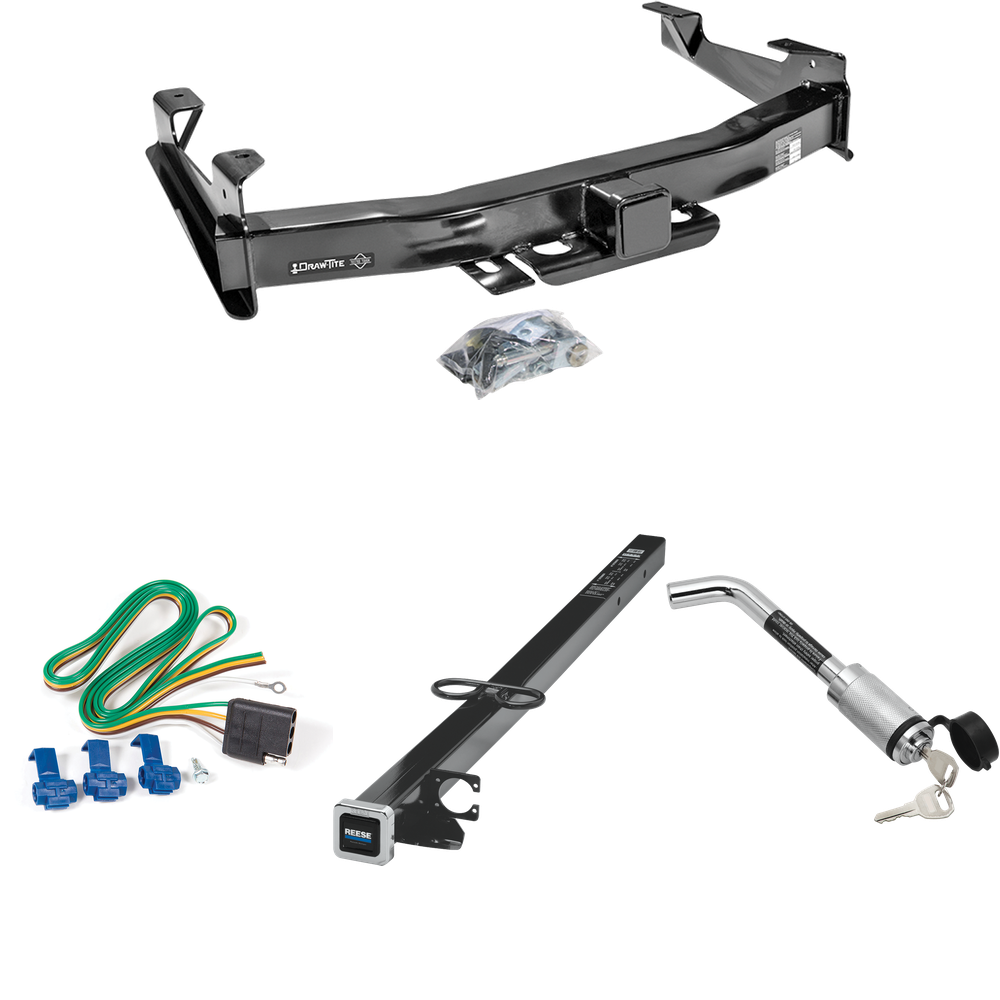 Fits 2001-2002 GMC Sierra 3500 Trailer Hitch Tow PKG w/ 4-Flat Wiring Harness + 2-1/2" to 2" Adapter 41" Length + Hitch Lock By Draw-Tite