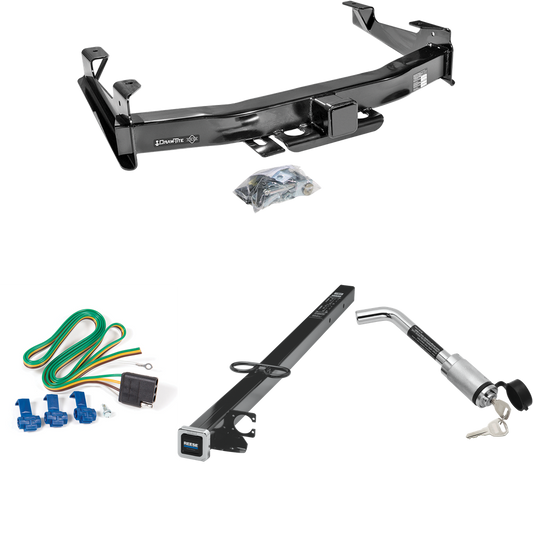 Fits 2001-2002 GMC Sierra 3500 Trailer Hitch Tow PKG w/ 4-Flat Wiring Harness + 2-1/2" to 2" Adapter 41" Length + Hitch Lock By Draw-Tite