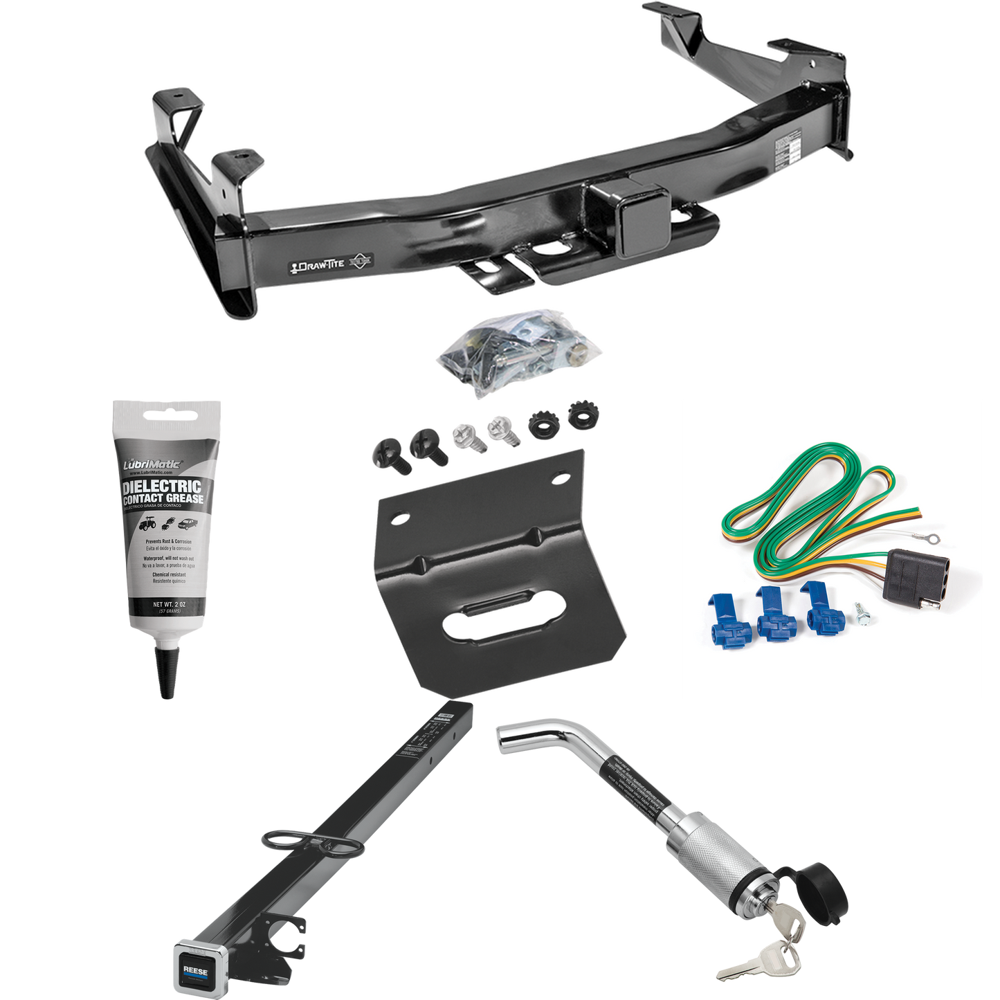 Se adapta al paquete de enganche de remolque GMC Sierra 3500 2001-2002 con arnés de cableado plano de 4 + adaptador de 2-1/2" a 2" de 41" de longitud + bloqueo de enganche + soporte de cableado + grasa eléctrica de Draw-Tite