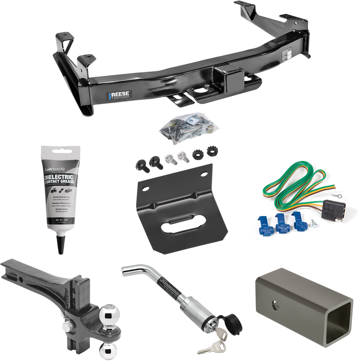 Fits 2001-2002 Chevrolet Silverado 3500 Trailer Hitch Tow PKG w/ 4-Flat Wiring Harness + 2-1/2" to 2" Adapter 6" Length + Adjustable Drop Rise Dual Ball Ball Mount 2" & 2-5/16" Trailer Balls + Hitch Lock + Wiring Bracket + Electric Grease By Reese To