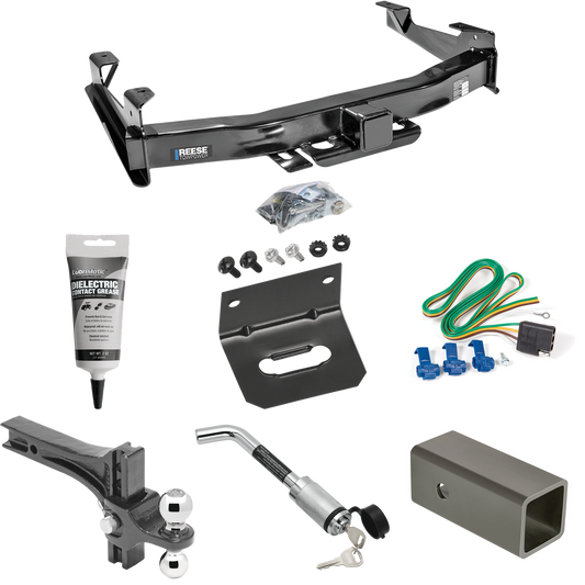 Fits 2001-2002 Chevrolet Silverado 3500 Trailer Hitch Tow PKG w/ 4-Flat Wiring Harness + 2-1/2" to 2" Adapter 6" Length + Adjustable Drop Rise Dual Ball Ball Mount 2" & 2-5/16" Trailer Balls + Hitch Lock + Wiring Bracket + Electric Grease By Reese To