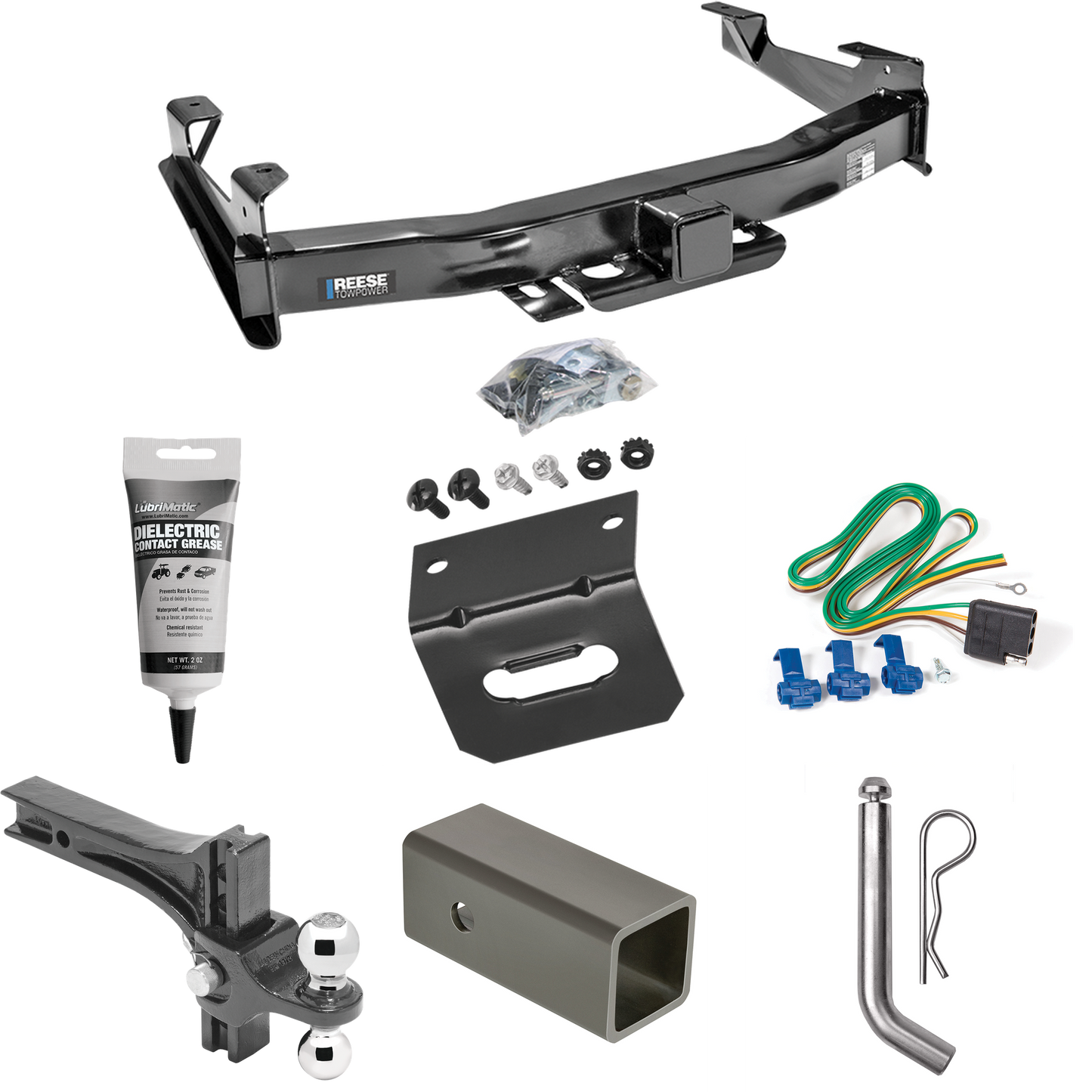 Fits 2003-2007 GMC Sierra 2500 HD Trailer Hitch Tow PKG w/ 4-Flat Wiring Harness + 2-1/2" to 2" Adapter 6" Length + Adjustable Drop Rise Dual Ball Ball Mount 2" & 2-5/16" Trailer Balls + Pin/Clip + Wiring Bracket + Electric Grease (For (Classic) Mode