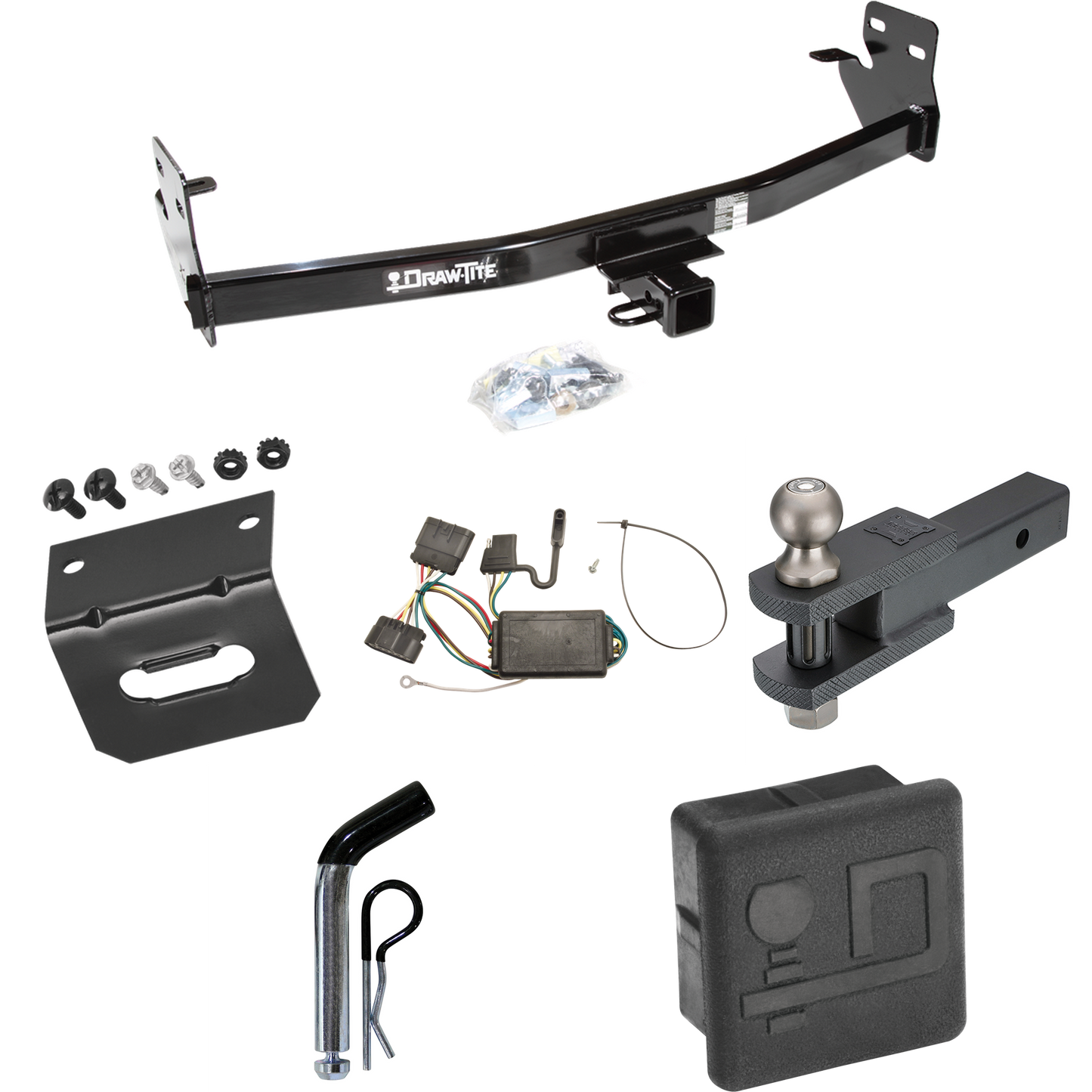 Se adapta al paquete de enganche de remolque Isuzu i-290 2007-2008 con 4 cables planos + soporte de bola de enganche de horquilla con bola de 2" + pasador/clip + soporte de cableado + cubierta de enganche de Draw-Tite