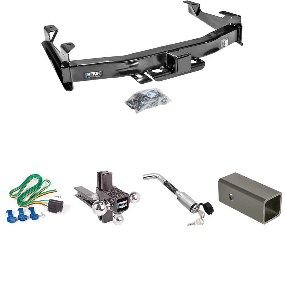 Fits 2003-2006 Chevrolet Silverado 3500 Trailer Hitch Tow PKG w/ 4-Flat Wiring Harness + 2-1/2" to 2" Adapter 6" Length + Adjustable Drop Rise Triple Ball Ball Mount 1-7/8" & 2" & 2-5/16" Trailer Balls + Hitch Lock (For (Classic) Models) By Reese Tow