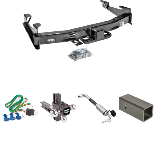 Fits 2003-2006 Chevrolet Silverado 3500 Trailer Hitch Tow PKG w/ 4-Flat Wiring Harness + 2-1/2" to 2" Adapter 6" Length + Adjustable Drop Rise Triple Ball Ball Mount 1-7/8" & 2" & 2-5/16" Trailer Balls + Hitch Lock (For (Classic) Models) By Reese Tow