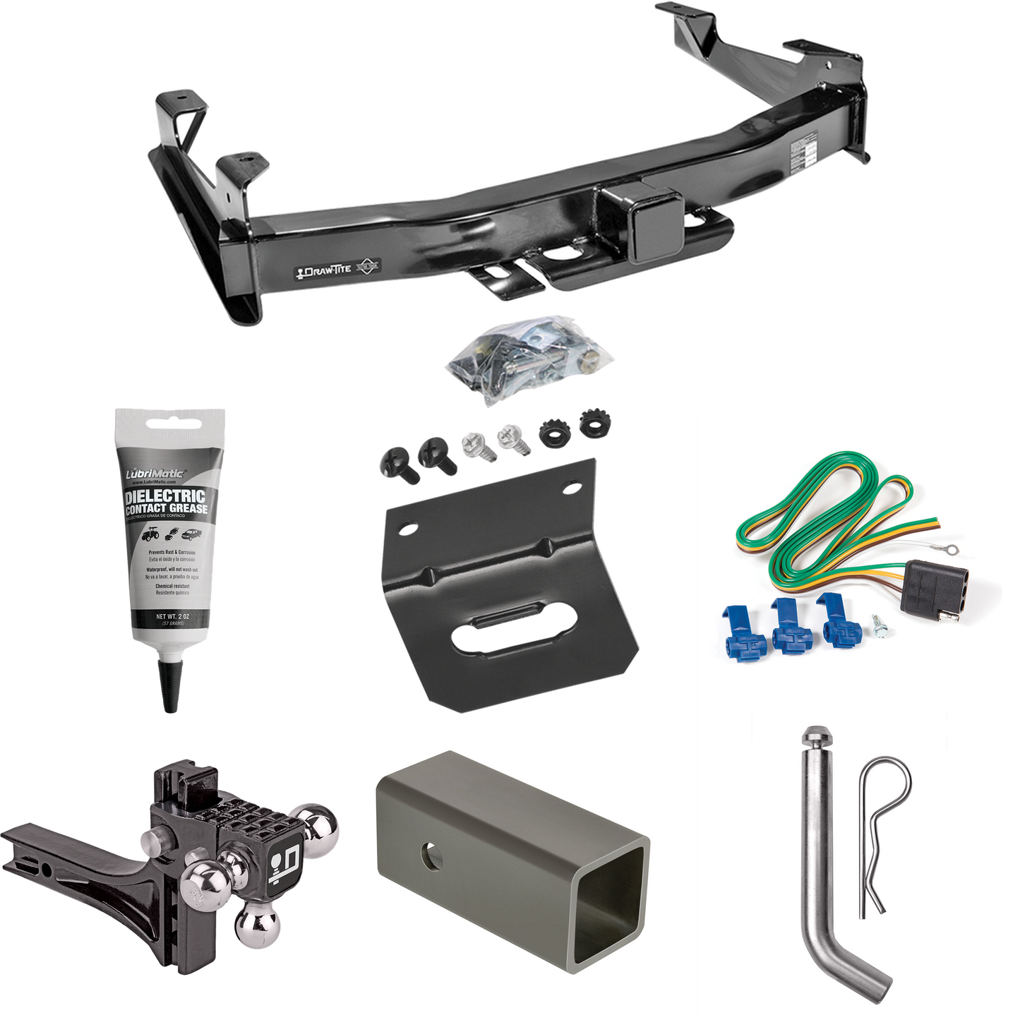 Fits 2001-2002 Chevrolet Silverado 2500 HD Trailer Hitch Tow PKG w/ 4-Flat Wiring Harness + 2-1/2" to 2" Adapter 6" Length + Adjustable Drop Rise Triple Ball Ball Mount 1-7/8" & 2" & 2-5/16" Trailer Balls + Pin/Clip + Wiring Bracket + Electric Grease