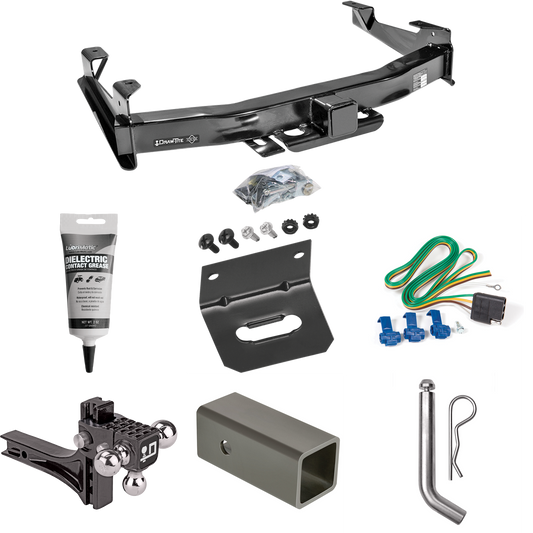 Fits 2001-2002 Chevrolet Silverado 2500 HD Trailer Hitch Tow PKG w/ 4-Flat Wiring Harness + 2-1/2" to 2" Adapter 6" Length + Adjustable Drop Rise Triple Ball Ball Mount 1-7/8" & 2" & 2-5/16" Trailer Balls + Pin/Clip + Wiring Bracket + Electric Grease