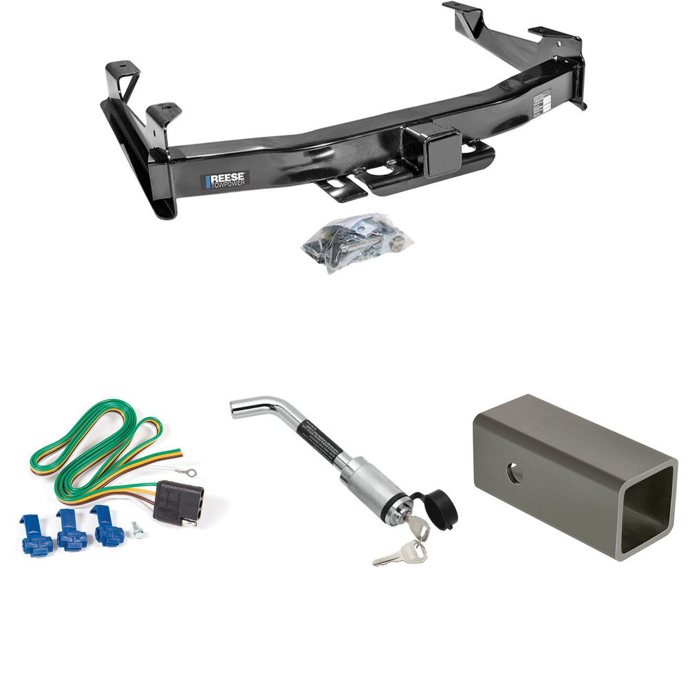 Fits 2003-2007 GMC Sierra 2500 HD Trailer Hitch Tow PKG w/ 4-Flat Wiring Harness + 2-1/2" to 2" Adapter 6" Length + Hitch Lock (For (Classic) Models) By Reese Towpower
