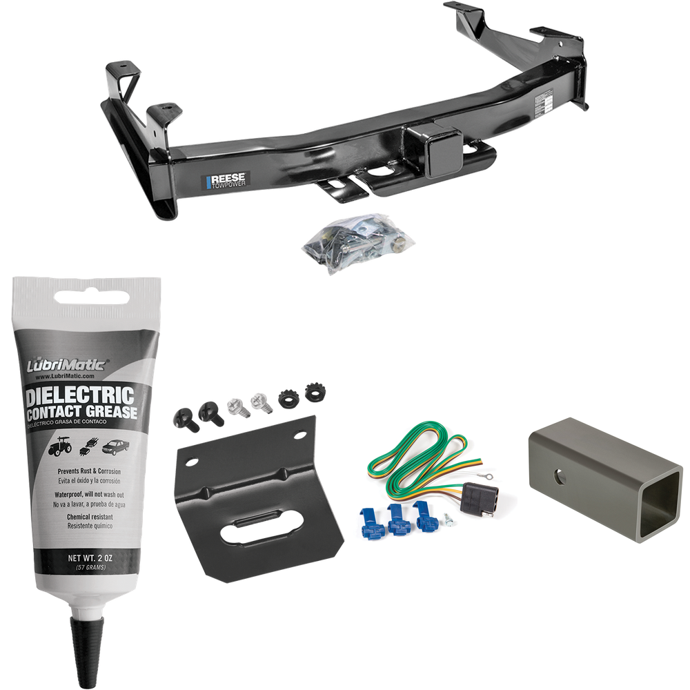 Fits 2001-2002 Chevrolet Silverado 3500 Trailer Hitch Tow PKG w/ 4-Flat Wiring Harness + 2-1/2" to 2" Adapter 6" Length + Wiring Bracket + Electric Grease By Reese Towpower