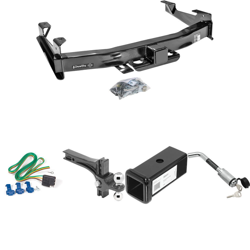 Fits 2001-2002 Chevrolet Silverado 2500 HD Trailer Hitch Tow PKG w/ 4-Flat Wiring Harness + 2-1/2" to 2" Adapter 7" Length + Adjustable Drop Rise Dual Ball Ball Mount 2" & 2-5/16" Trailer Balls + Hitch Lock By Draw-Tite