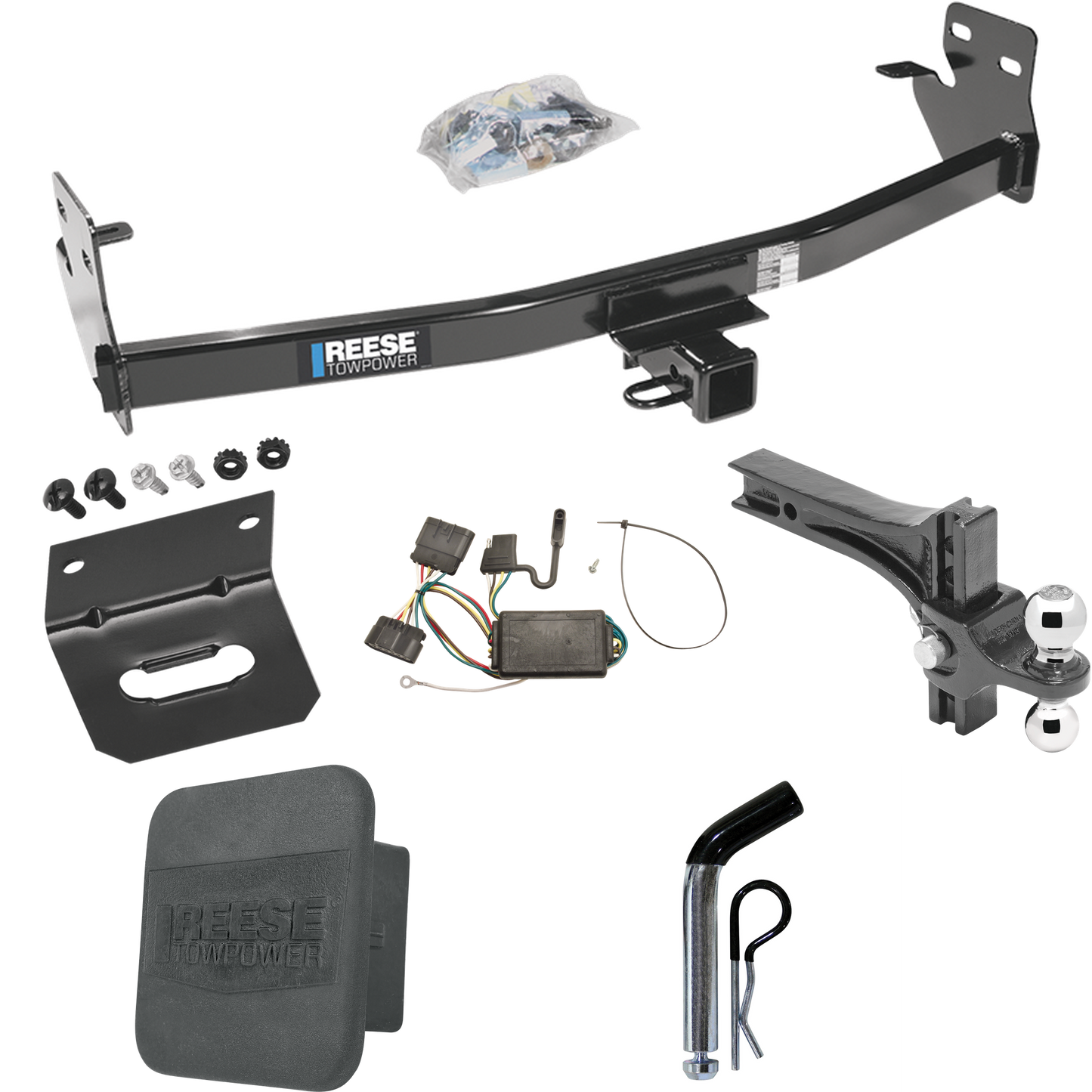 Fits 2004-2012 GMC Canyon Trailer Hitch Tow PKG w/ 4-Flat Wiring + Dual Adjustable Drop Rise Ball Ball Mount 2" & 2-5/16" Trailer Balls + Pin/Clip + Wiring Bracket + Hitch Cover By Reese Towpower