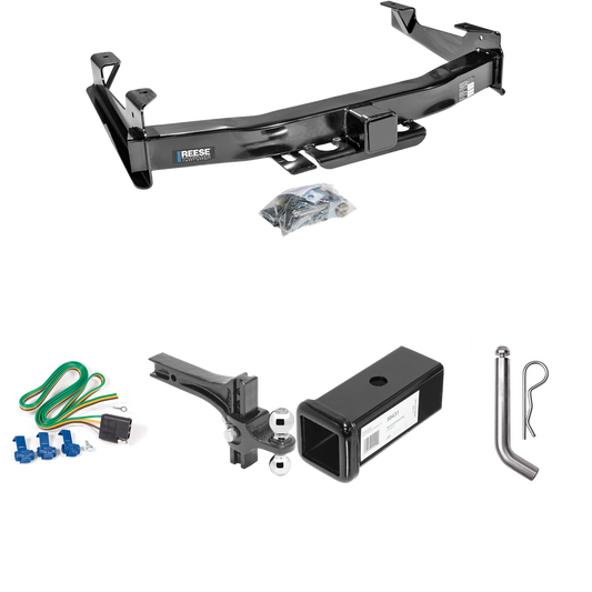 Fits 2001-2002 GMC Sierra 3500 Trailer Hitch Tow PKG w/ 4-Flat Wiring Harness + 2-1/2" to 2" Adapter 7" Length + Adjustable Drop Rise Dual Ball Ball Mount 2" & 2-5/16" Trailer Balls + Pin/Clip By Reese Towpower