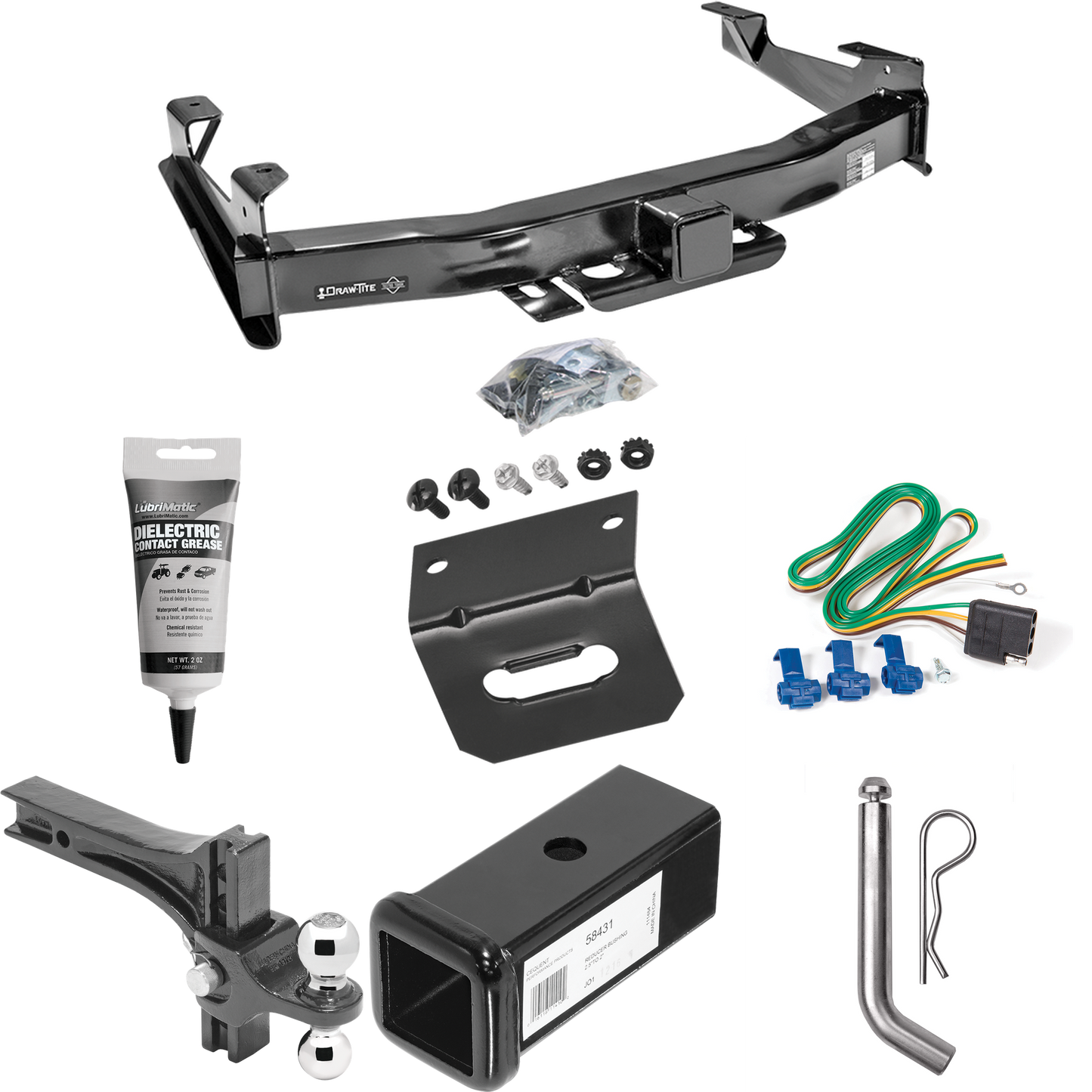 Fits 2003-2006 Chevrolet Silverado 3500 Trailer Hitch Tow PKG w/ 4-Flat Wiring Harness + 2-1/2" to 2" Adapter 7" Length + Adjustable Drop Rise Dual Ball Ball Mount 2" & 2-5/16" Trailer Balls + Pin/Clip + Wiring Bracket + Electric Grease (For (Classic