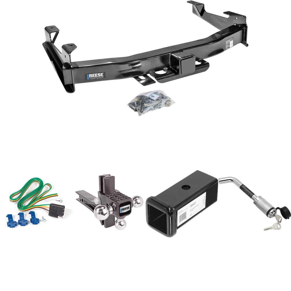 Fits 2003-2007 GMC Sierra 2500 HD Trailer Hitch Tow PKG w/ 4-Flat Wiring Harness + 2-1/2" to 2" Adapter 7" Length + Adjustable Drop Rise Triple Ball Ball Mount 1-7/8" & 2" & 2-5/16" Trailer Balls + Hitch Lock (For (Classic) Models) By Reese Towpower