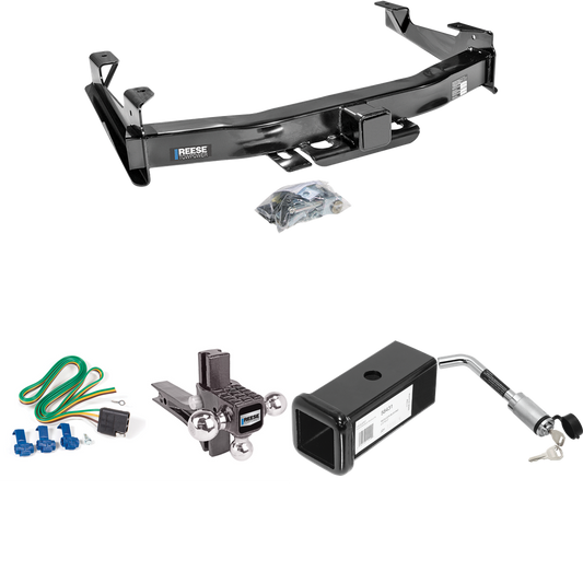 Fits 2003-2007 GMC Sierra 2500 HD Trailer Hitch Tow PKG w/ 4-Flat Wiring Harness + 2-1/2" to 2" Adapter 7" Length + Adjustable Drop Rise Triple Ball Ball Mount 1-7/8" & 2" & 2-5/16" Trailer Balls + Hitch Lock (For (Classic) Models) By Reese Towpower