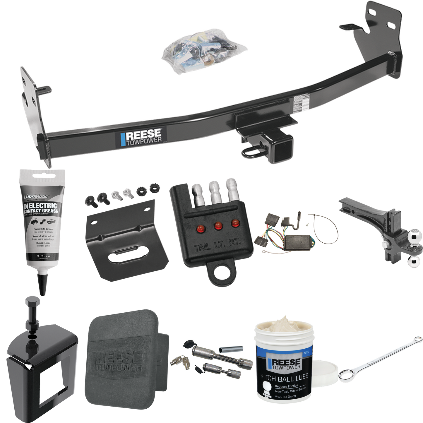 Fits 2006-2006 Isuzu i-350 Trailer Hitch Tow PKG w/ 4-Flat Wiring + Dual Adjustable Drop Rise Ball Ball Mount 2" & 2-5/16" Trailer Balls + Wiring Bracket + Hitch Cover + Dual Hitch & Coupler Locks + Wiring Tester + Ball Lube + Electric Grease + Ball