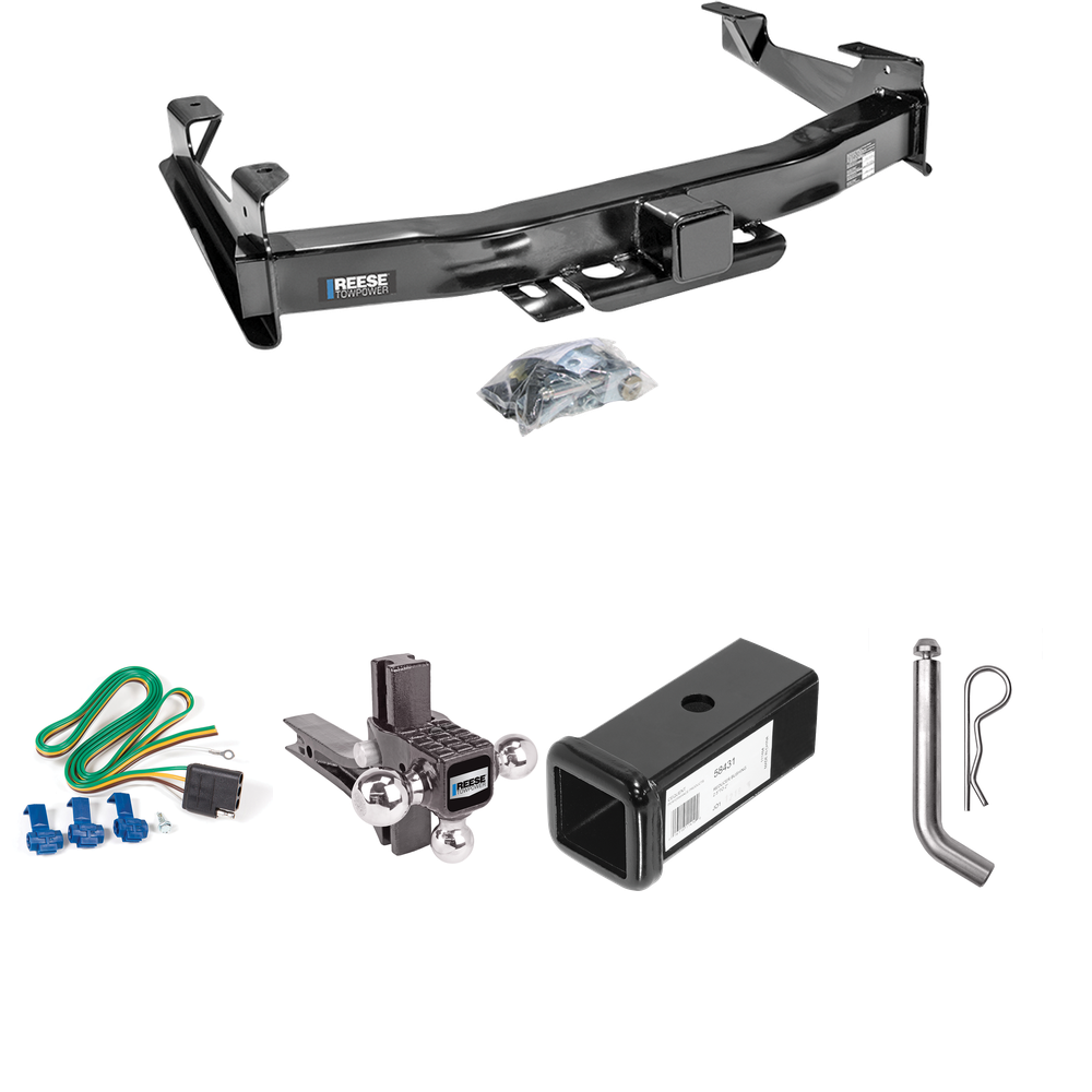 Fits 2003-2007 GMC Sierra 3500 Trailer Hitch Tow PKG w/ 4-Flat Wiring Harness + 2-1/2" to 2" Adapter 7" Length + Adjustable Drop Rise Triple Ball Ball Mount 1-7/8" & 2" & 2-5/16" Trailer Balls + Pin/Clip (For (Classic) Models) By Reese Towpower