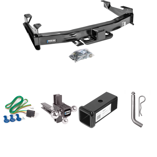 Fits 2003-2007 GMC Sierra 3500 Trailer Hitch Tow PKG w/ 4-Flat Wiring Harness + 2-1/2" to 2" Adapter 7" Length + Adjustable Drop Rise Triple Ball Ball Mount 1-7/8" & 2" & 2-5/16" Trailer Balls + Pin/Clip (For (Classic) Models) By Reese Towpower