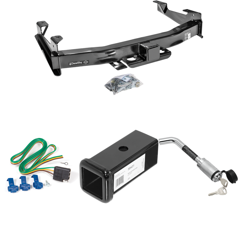 Fits 2001-2002 Chevrolet Silverado 3500 Trailer Hitch Tow PKG w/ 4-Flat Wiring Harness + 2-1/2" to 2" Adapter 7" Length + Hitch Lock By Draw-Tite