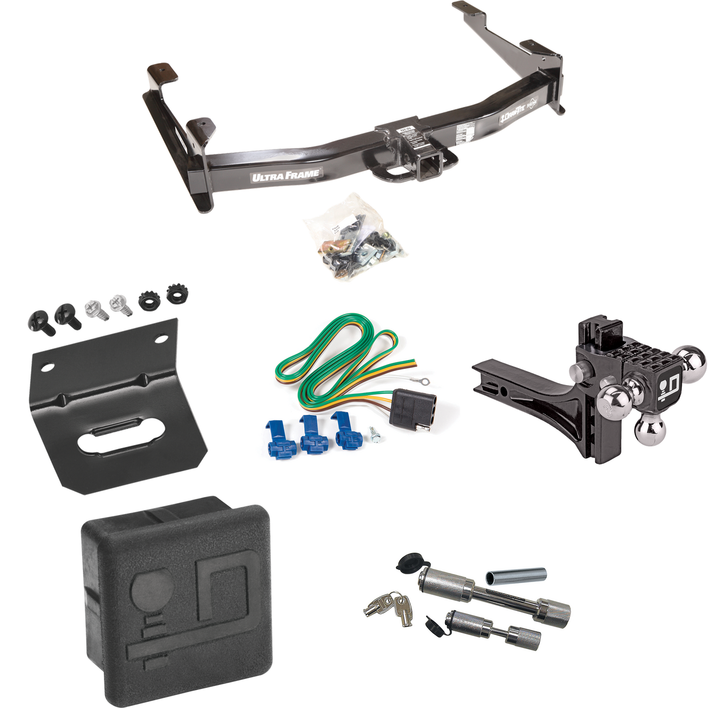 Fits 2003-2007 GMC Sierra 2500 HD Trailer Hitch Tow PKG w/ 4-Flat Wiring Harness + Adjustable Drop Rise Triple Ball Ball Mount 1-7/8" & 2" & 2-5/16" Trailer Balls + Dual Hitch & Coupler Locks + Hitch Cover + Wiring Bracket (For (Classic) Models) By D