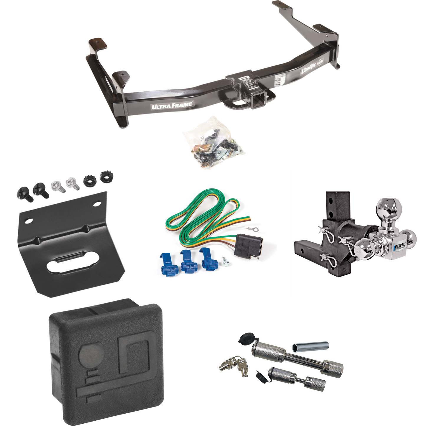 Fits 2001-2002 GMC Sierra 3500 Trailer Hitch Tow PKG w/ 4-Flat Wiring Harness + Adjustable Drop Rise Triple Ball Ball Mount 1-7/8" & 2" & 2-5/16" Trailer Balls + Dual Hitch & Coupler Locks + Hitch Cover + Wiring Bracket By Draw-Tite