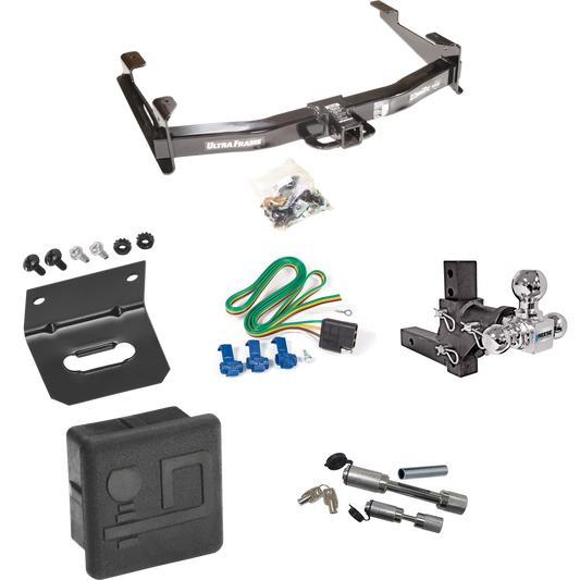 Fits 2001-2002 GMC Sierra 3500 Trailer Hitch Tow PKG w/ 4-Flat Wiring Harness + Adjustable Drop Rise Triple Ball Ball Mount 1-7/8" & 2" & 2-5/16" Trailer Balls + Dual Hitch & Coupler Locks + Hitch Cover + Wiring Bracket By Draw-Tite