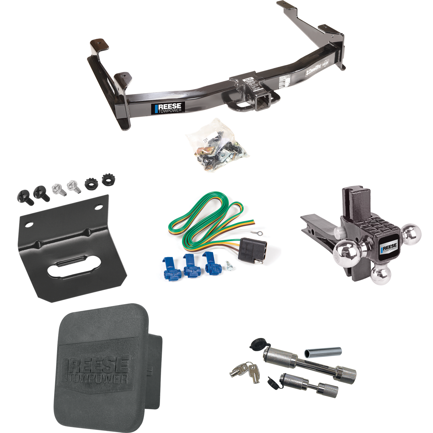 Fits 2001-2002 Chevrolet Silverado 3500 Trailer Hitch Tow PKG w/ 4-Flat Wiring Harness + Adjustable Drop Rise Triple Ball Ball Mount 1-7/8" & 2" & 2-5/16" Trailer Balls + Dual Hitch & Coupler Locks + Hitch Cover + Wiring Bracket By Reese Towpower