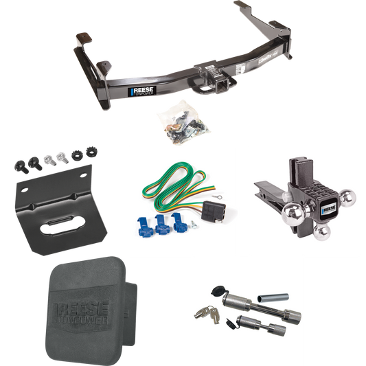 Fits 2001-2002 Chevrolet Silverado 3500 Trailer Hitch Tow PKG w/ 4-Flat Wiring Harness + Adjustable Drop Rise Triple Ball Ball Mount 1-7/8" & 2" & 2-5/16" Trailer Balls + Dual Hitch & Coupler Locks + Hitch Cover + Wiring Bracket By Reese Towpower