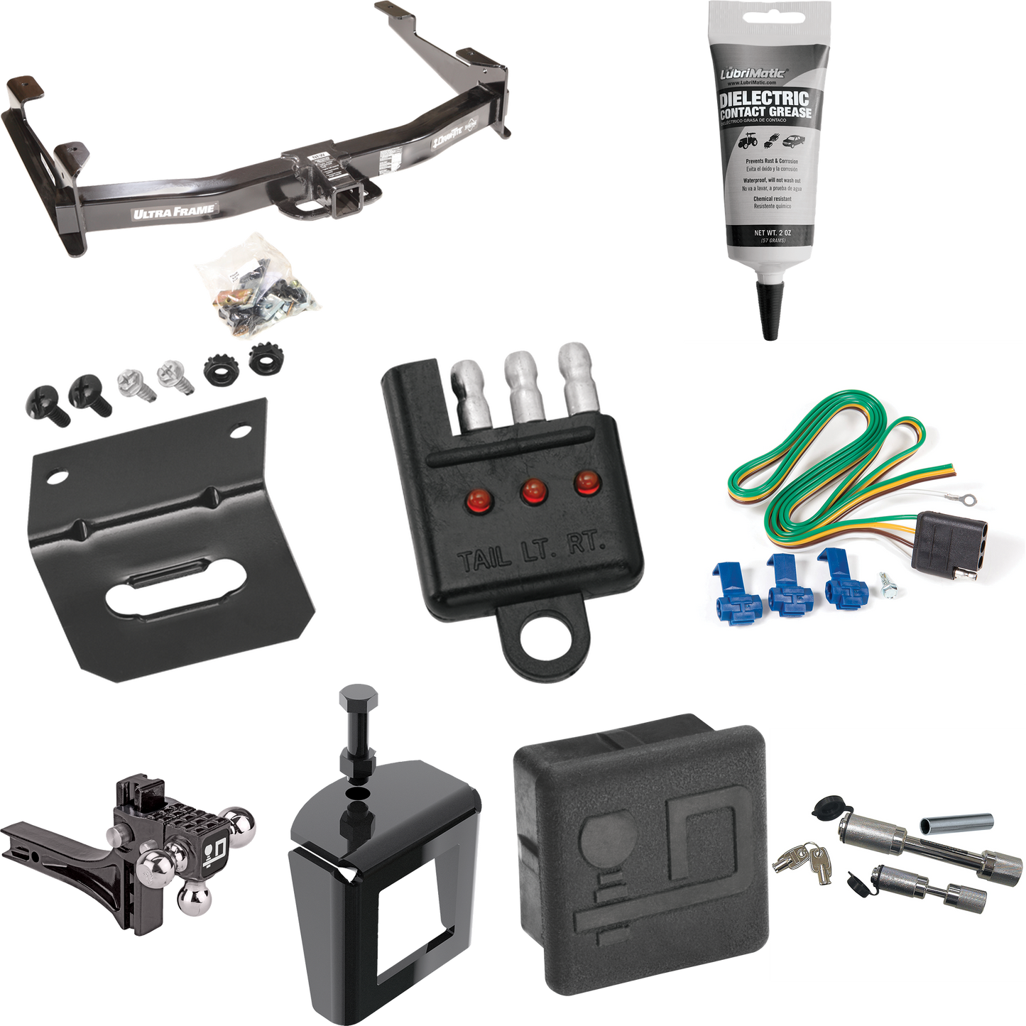 Fits 2003-2007 GMC Sierra 3500 Trailer Hitch Tow PKG w/ 4-Flat Wiring Harness + Adjustable Drop Rise Triple Ball Ball Mount 1-7/8" & 2" & 2-5/16" Trailer Balls + Dual Hitch & Coupler Locks + Hitch Cover + Wiring Bracket + Wiring Tester + Electric Gre