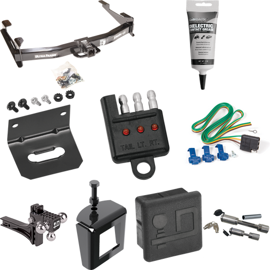 Fits 2003-2007 GMC Sierra 3500 Trailer Hitch Tow PKG w/ 4-Flat Wiring Harness + Adjustable Drop Rise Triple Ball Ball Mount 1-7/8" & 2" & 2-5/16" Trailer Balls + Dual Hitch & Coupler Locks + Hitch Cover + Wiring Bracket + Wiring Tester + Electric Gre