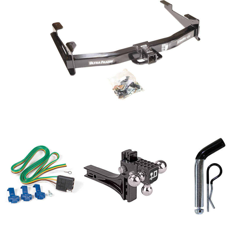 Fits 2001-2002 GMC Sierra 2500 HD Trailer Hitch Tow PKG w/ 4-Flat Wiring Harness + Adjustable Drop Rise Triple Ball Ball Mount 1-7/8" & 2" & 2-5/16" Trailer Balls + Pin/Clip By Draw-Tite