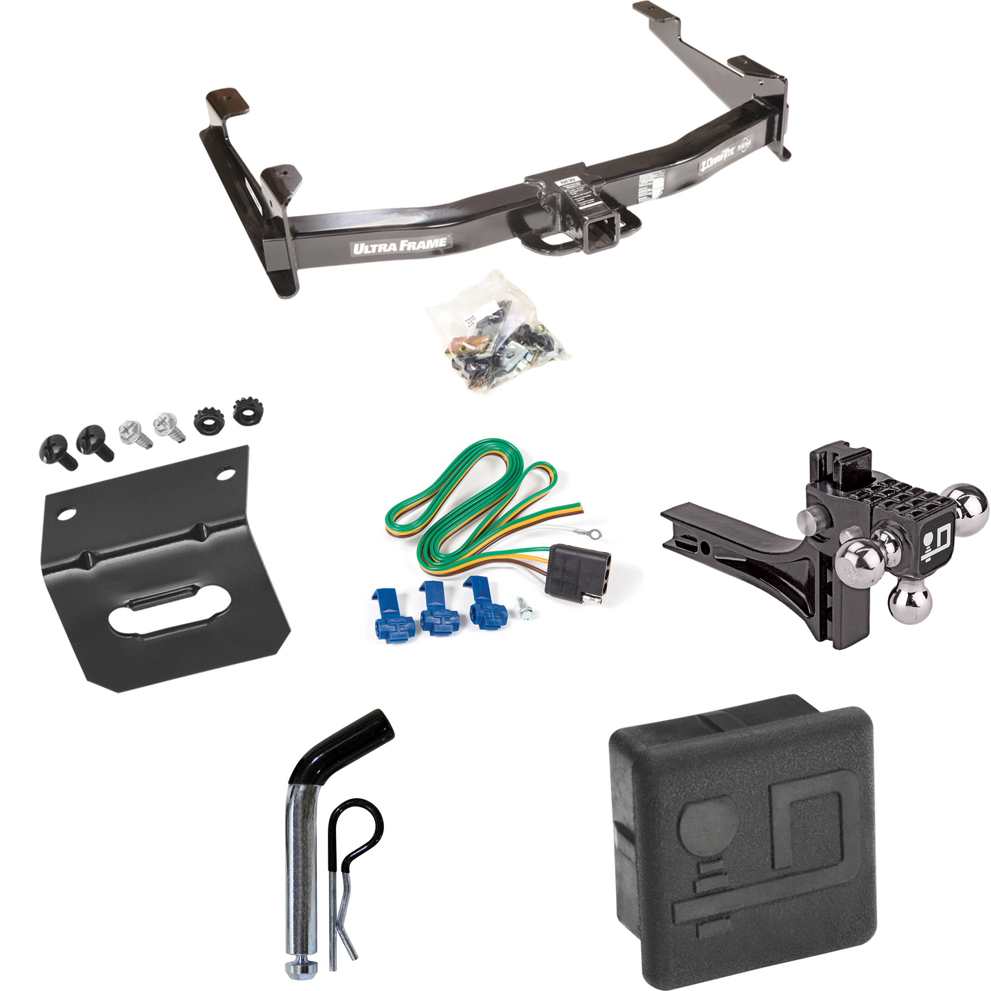 Fits 2003-2007 GMC Sierra 2500 HD Trailer Hitch Tow PKG w/ 4-Flat Wiring Harness + Adjustable Drop Rise Triple Ball Ball Mount 1-7/8" & 2" & 2-5/16" Trailer Balls + Pin/Clip + Hitch Cover + Wiring Bracket (For (Classic) Models) By Draw-Tite