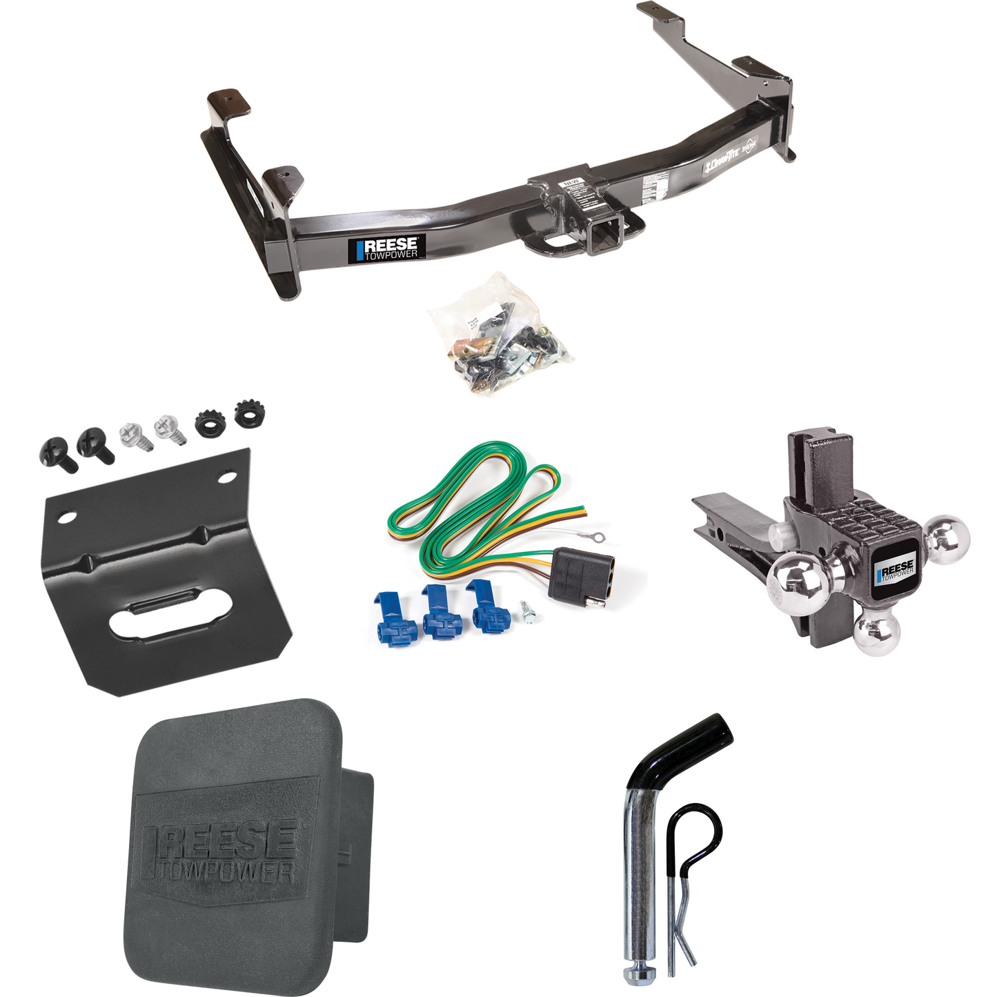 Fits 2003-2007 GMC Sierra 2500 HD Trailer Hitch Tow PKG w/ 4-Flat Wiring Harness + Adjustable Drop Rise Triple Ball Ball Mount 1-7/8" & 2" & 2-5/16" Trailer Balls + Pin/Clip + Hitch Cover + Wiring Bracket (For (Classic) Models) By Reese Towpower