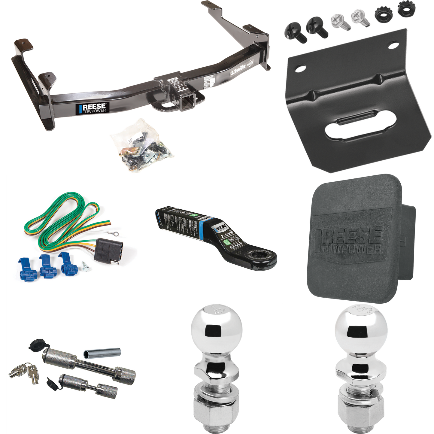 Fits 2001-2002 Chevrolet Silverado 3500 Trailer Hitch Tow PKG w/ 4-Flat Wiring Harness + Ball Mount w/ 2" Drop + Dual Hitch & Coupler Locks + 2" Ball + 2-5/16" Ball + Hitch Cover + Wiring Bracket By Reese Towpower