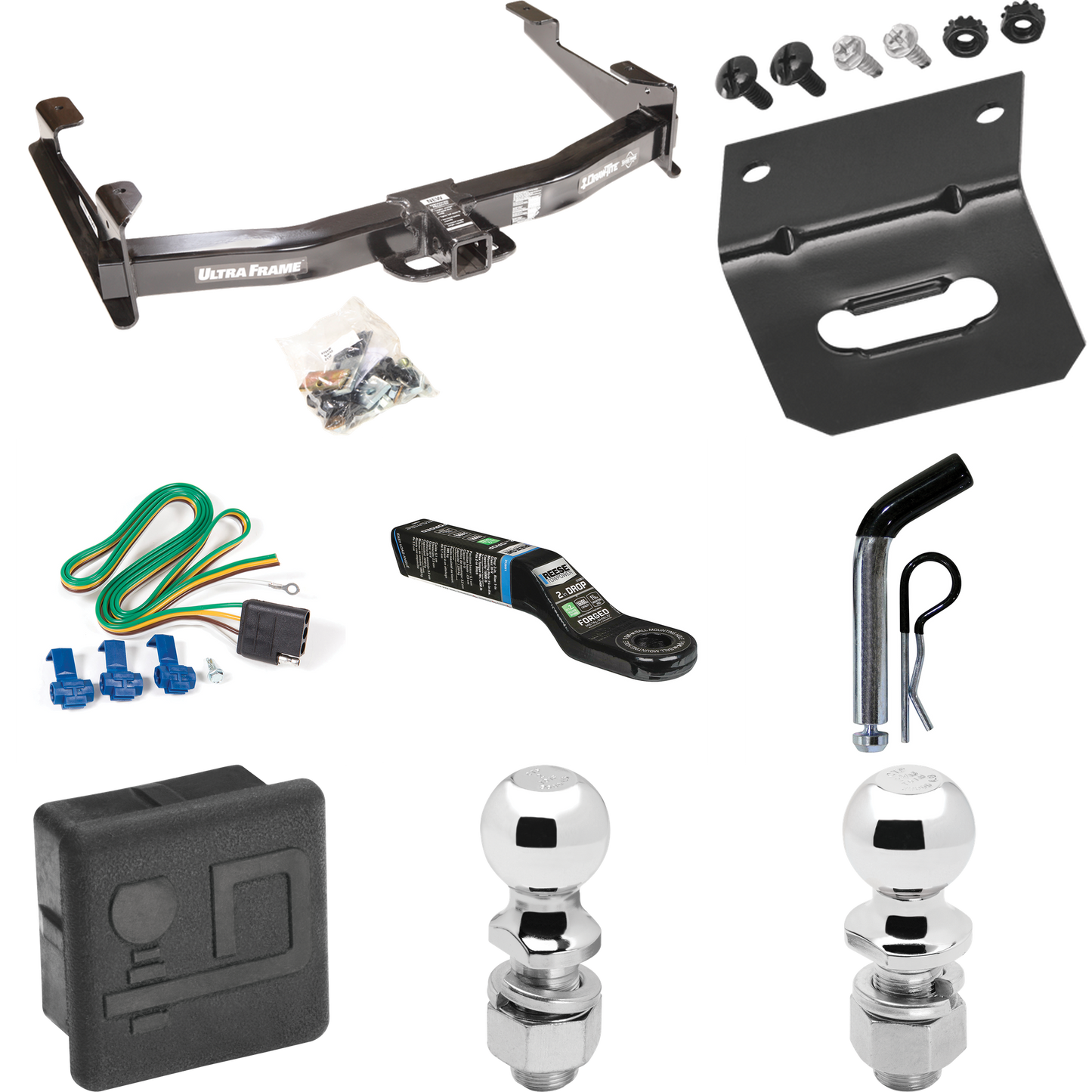 Fits 2003-2007 Chevrolet Silverado 2500 HD Trailer Hitch Tow PKG w/ 4-Flat Wiring Harness + Ball Mount w/ 2" Drop + Pin/Clip + 2" Ball + 2-5/16" Ball + Hitch Cover + Wiring Bracket (For (Classic) Models) By Draw-Tite