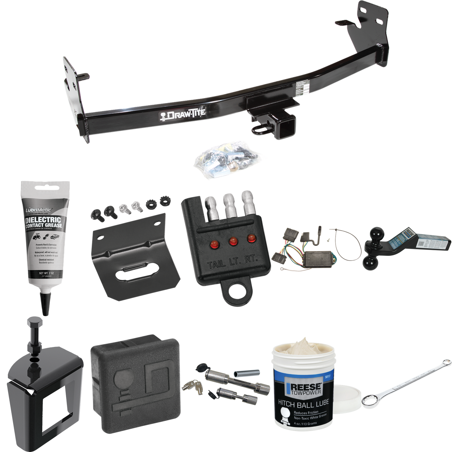 Fits 2007-2008 Isuzu i-370 Trailer Hitch Tow PKG w/ 4-Flat Wiring + Dual Ball Ball Mount 2" & 2-5/16" Trailer Balls + Wiring Bracket + Hitch Cover + Dual Hitch & Coupler Locks + Wiring Tester + Ball Lube + Electric Grease + Ball Wrench + Anti Rattle