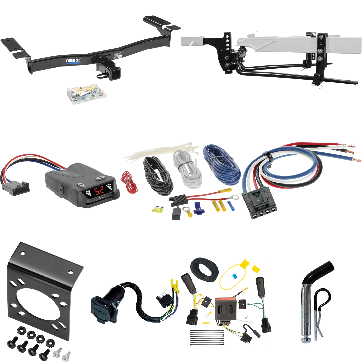 Fits 2011-2015 Lincoln MKX Trailer Hitch Tow PKG w/ 6K Round Bar Weight Distribution Hitch w/ 2-5/16" Ball + Pin/Clip + Tekonsha Brakeman IV Brake Control + Generic BC Wiring Adapter + 7-Way RV Wiring By Reese Towpower