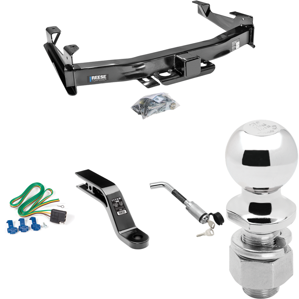 Fits 2003-2007 GMC Sierra 2500 HD Trailer Hitch Tow PKG w/ 4-Flat Wiring Harness + Ball Mount w/ 5" Drop + Hitch Lock + 2-5/16" Ball (For (Classic) Models) By Reese Towpower