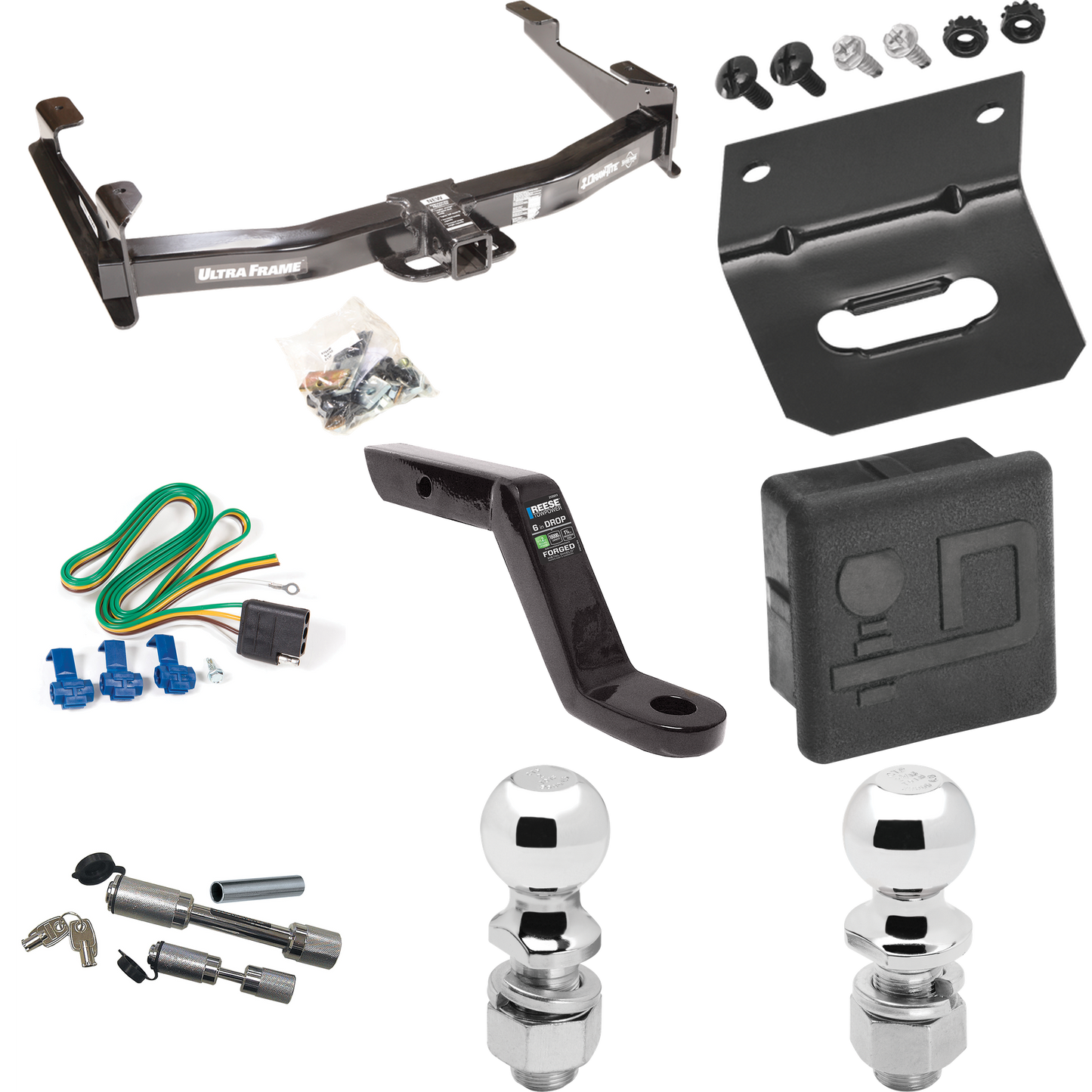 Fits 2003-2007 Chevrolet Silverado 2500 HD Trailer Hitch Tow PKG w/ 4-Flat Wiring Harness + Ball Mount w/ 6" Drop + Dual Hitch & Coupler Locks + 2" Ball + 2-5/16" Ball + Hitch Cover + Wiring Bracket (For (Classic) Models) By Draw-Tite