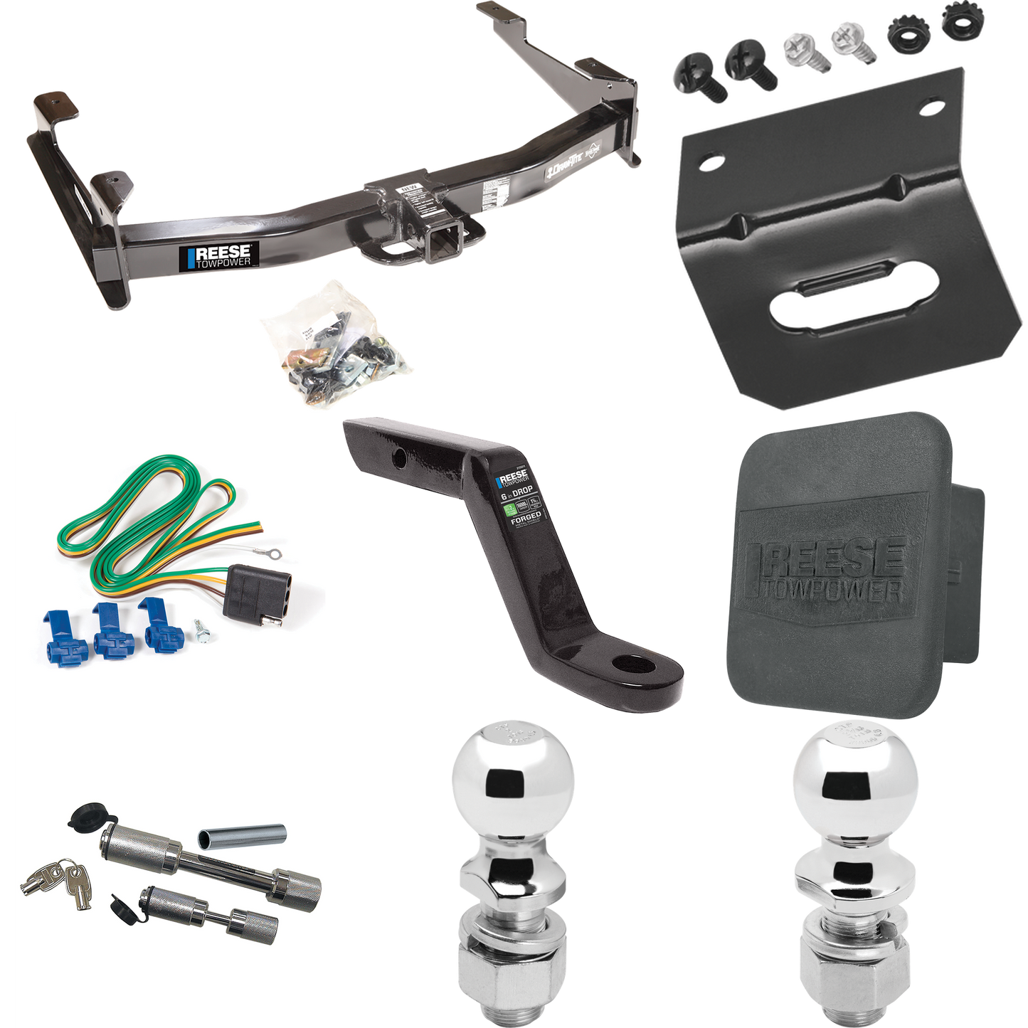 Fits 2001-2002 Chevrolet Silverado 2500 HD Trailer Hitch Tow PKG w/ 4-Flat Wiring Harness + Ball Mount w/ 6" Drop + Dual Hitch & Coupler Locks + 2" Ball + 2-5/16" Ball + Hitch Cover + Wiring Bracket By Reese Towpower