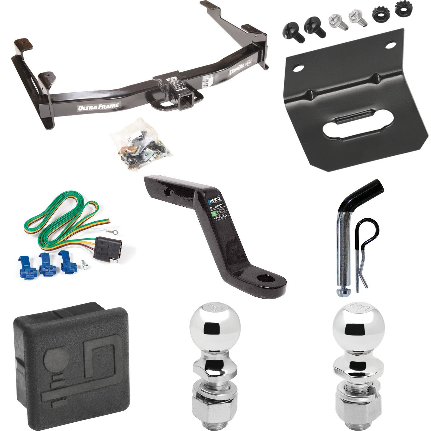 Fits 2003-2007 Chevrolet Silverado 2500 HD Trailer Hitch Tow PKG w/ 4-Flat Wiring Harness + Ball Mount w/ 6" Drop + Pin/Clip + 2" Ball + 2-5/16" Ball + Hitch Cover + Wiring Bracket (For (Classic) Models) By Draw-Tite