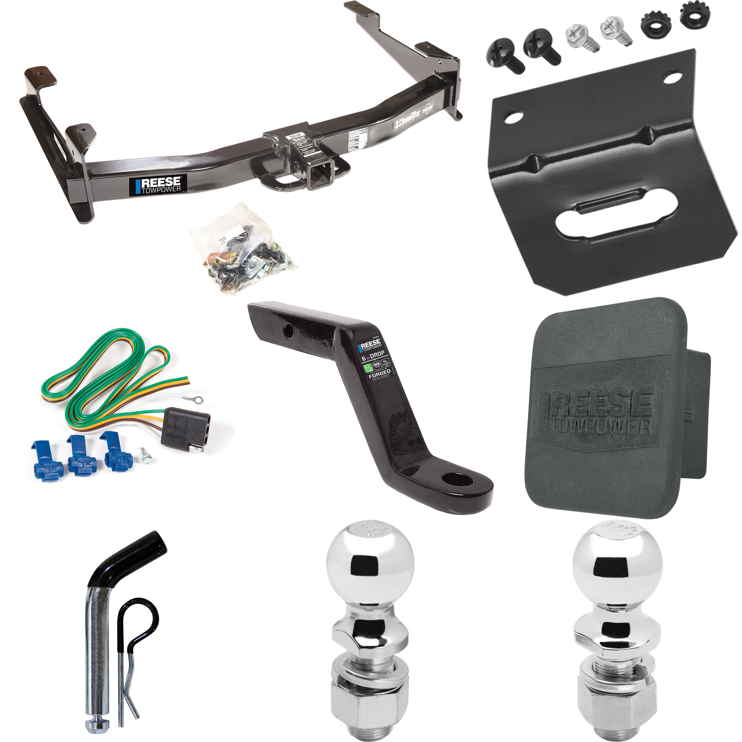 Fits 2003-2007 Chevrolet Silverado 2500 HD Trailer Hitch Tow PKG w/ 4-Flat Wiring Harness + Ball Mount w/ 6" Drop + Pin/Clip + 2" Ball + 2-5/16" Ball + Hitch Cover + Wiring Bracket (For (Classic) Models) By Reese Towpower