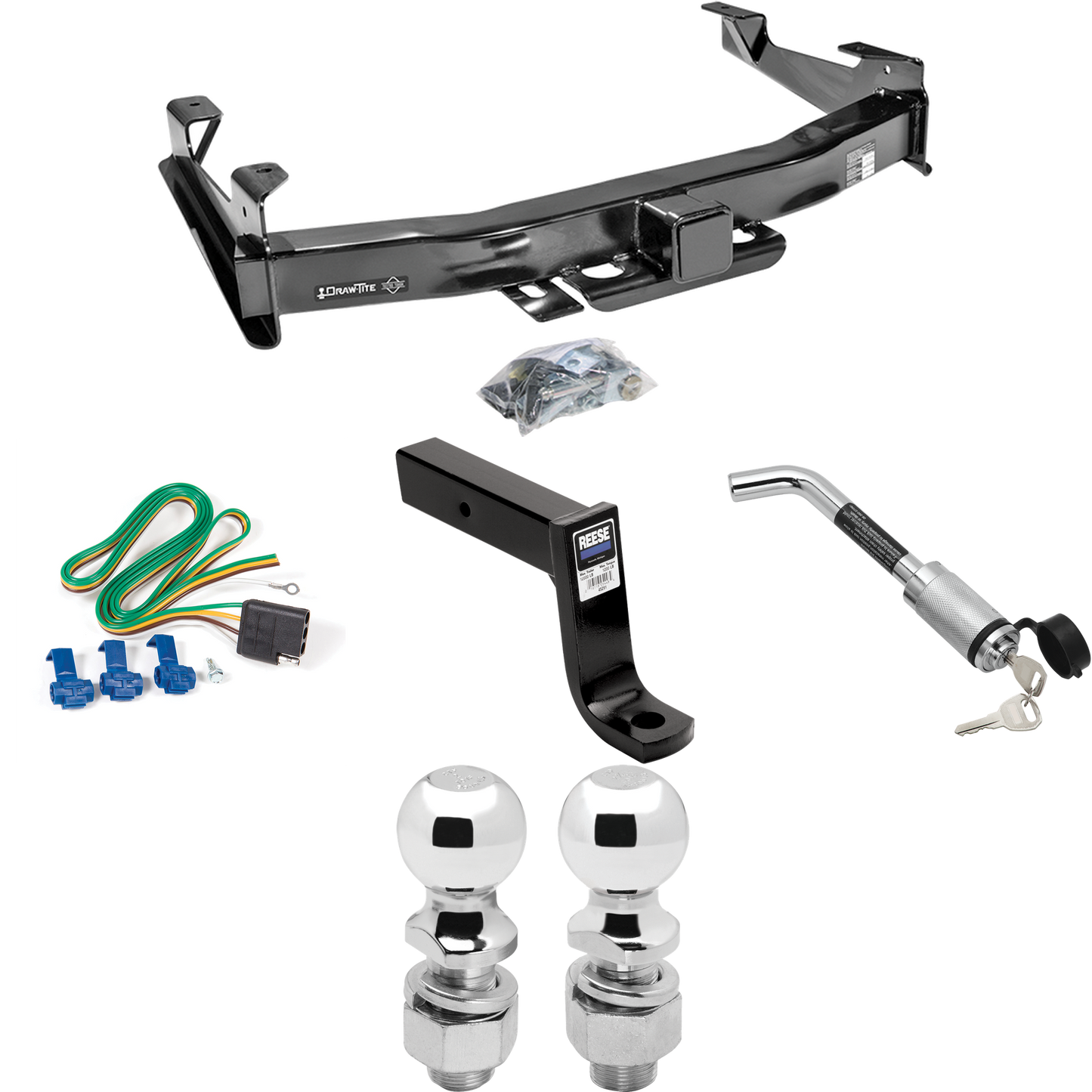 Fits 2001-2002 Chevrolet Silverado 2500 HD Trailer Hitch Tow PKG w/ 4-Flat Wiring Harness + Ball Mount w/ 7-3/4" Drop + Hitch Lock + 2" Ball + 2-5/16" Ball By Draw-Tite