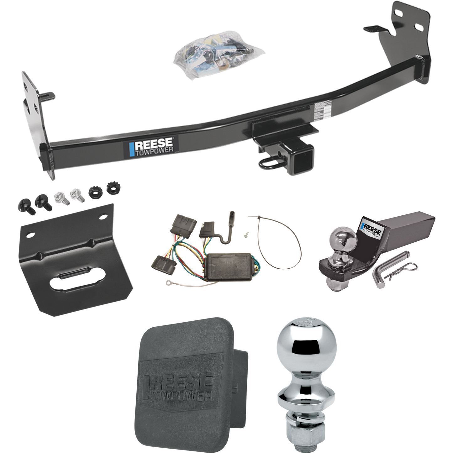 Se adapta al paquete de enganche de remolque Isuzu i-370 2007-2008 con cableado plano de 4 + kit de montaje de bola de inicio con caída de 2" y bola de 2" + bola de 1-7/8" + soporte de cableado + cubierta de enganche de Reese Towpower