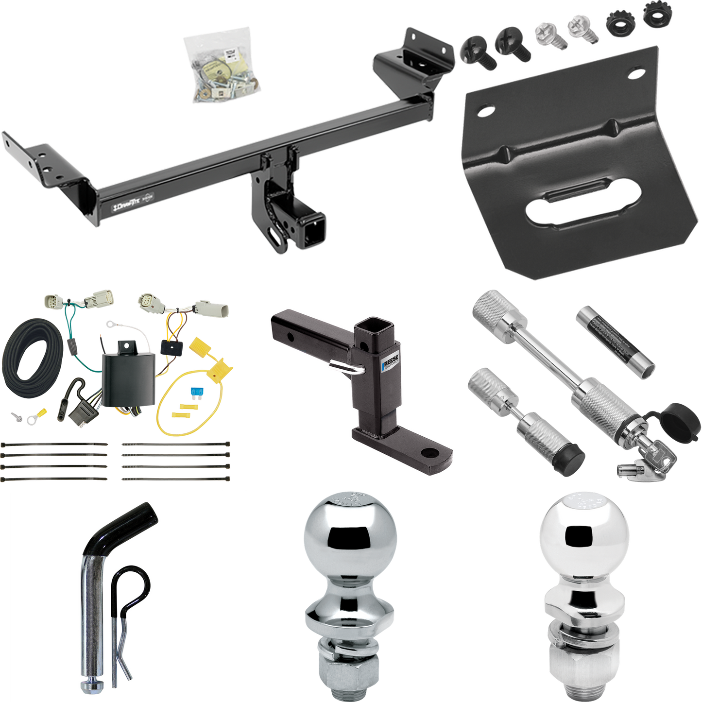 Fits 2016-2018 Lincoln MKX Trailer Hitch Tow PKG w/ 4-Flat Wiring Harness + Adjustable Drop Rise Ball Mount + Pin/Clip + 2" Ball + 1-7/8" Ball + Dual Hitch & Coupler Locks By Draw-Tite